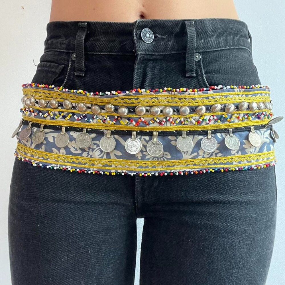 Vintage Dance Textile Belt With Coin and Beaded Fringe